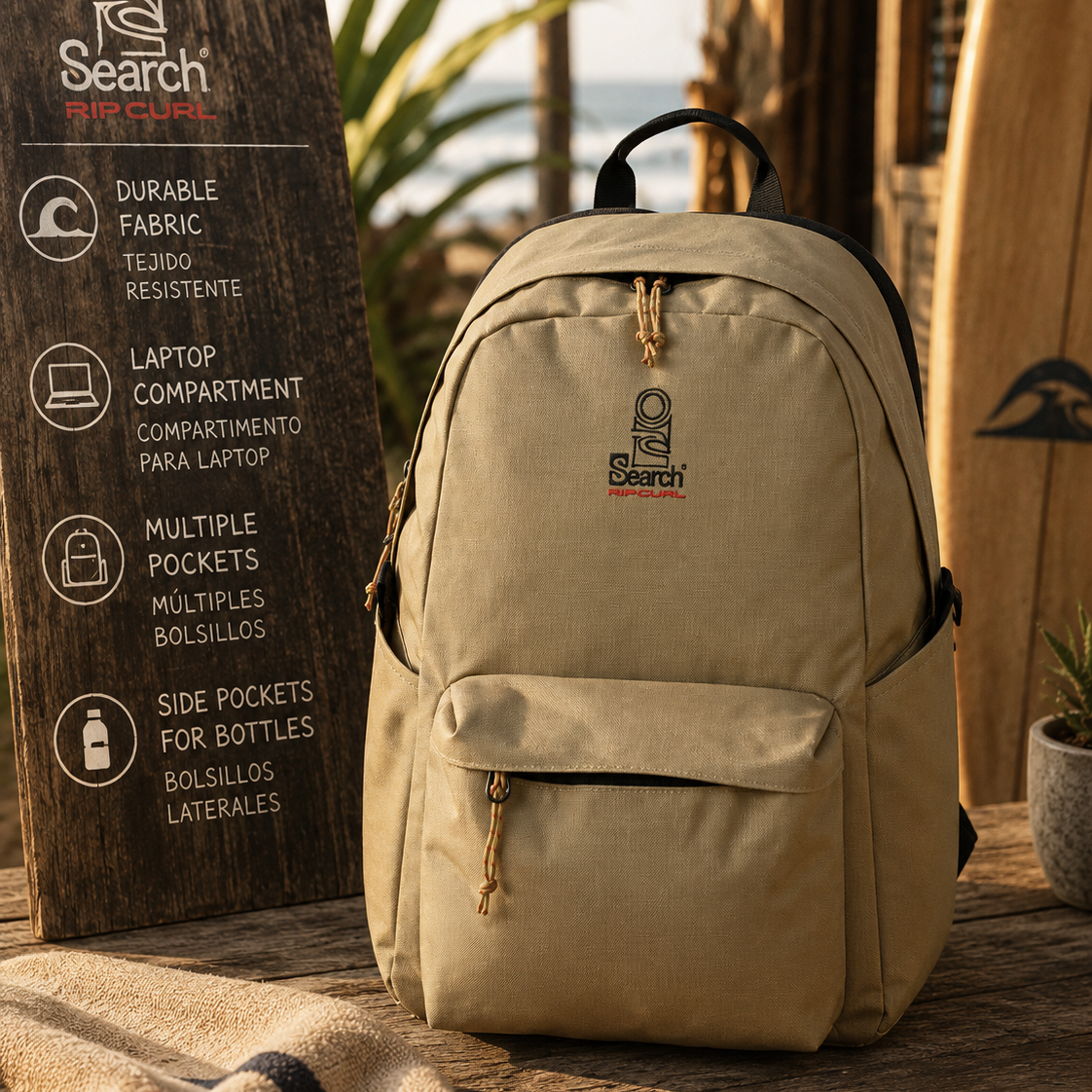 Mochila Rip Curl Search Crusha 30L Khaki en escenario surf lifestyle premium con estética coastal adventure