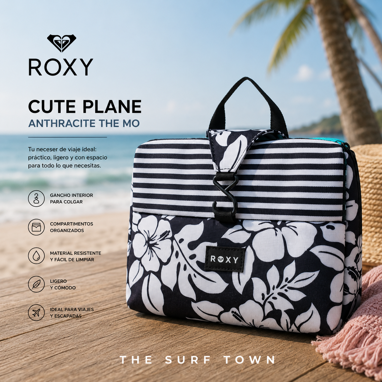 Neceser Roxy Cute Plane Anthracite The Mo en fotografía editorial propia de THE SURF TOWN con estilo beach lifestyle premium y luz solar intensa