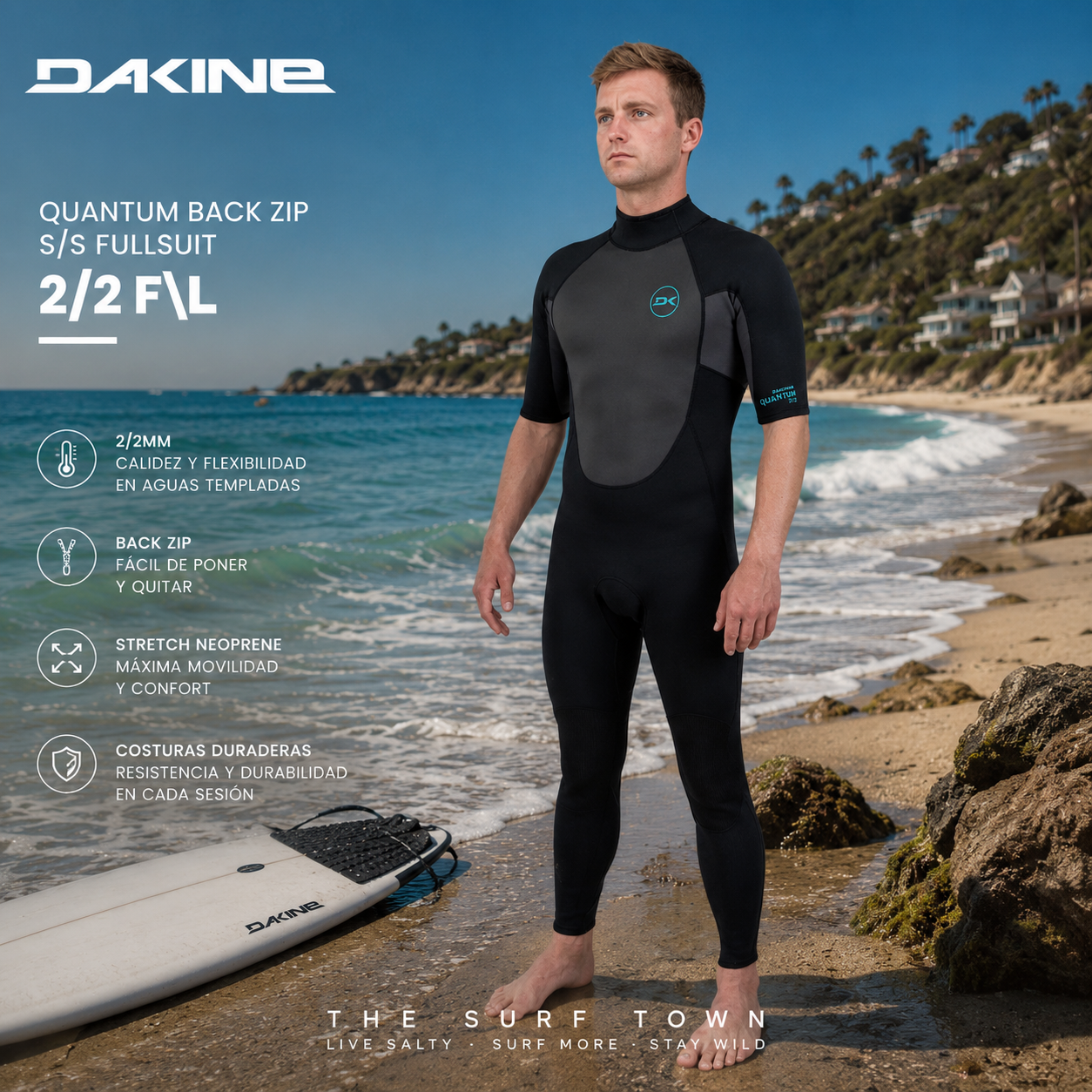 Neopreno Dakine Quantum Back Zip S/S Fullsuit 2/2 F\L para hombre en fotografía editorial propia de THE SURF TOWN sobre una playa mediterránea de verano