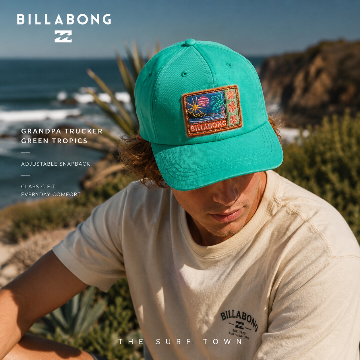 Gorra Billabong Grandpa Trucker Green Tropics en fotografía editorial propia de THE SURF TOWN sobre acantilados junto al mar, diseño tropical bordado frontal y estilo surf lifestyle premium.