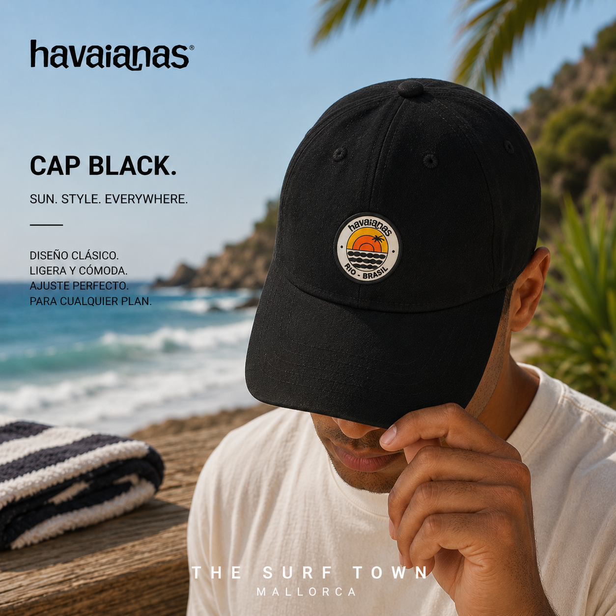 Gorra Havaianas Cap Black en fotografía editorial propia de THE SURF TOWN junto al mar con estilo beach lifestyle premium y luz natural diurna