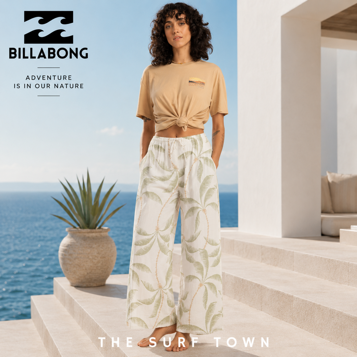 Pantalón Billabong Beach Spirit Salt Crystal para mujer en hotel boutique minimalista frente al mar, fotografía editorial propia de THE SURF TOWN inspirada en el beach lifestyle premium mediterráneo
