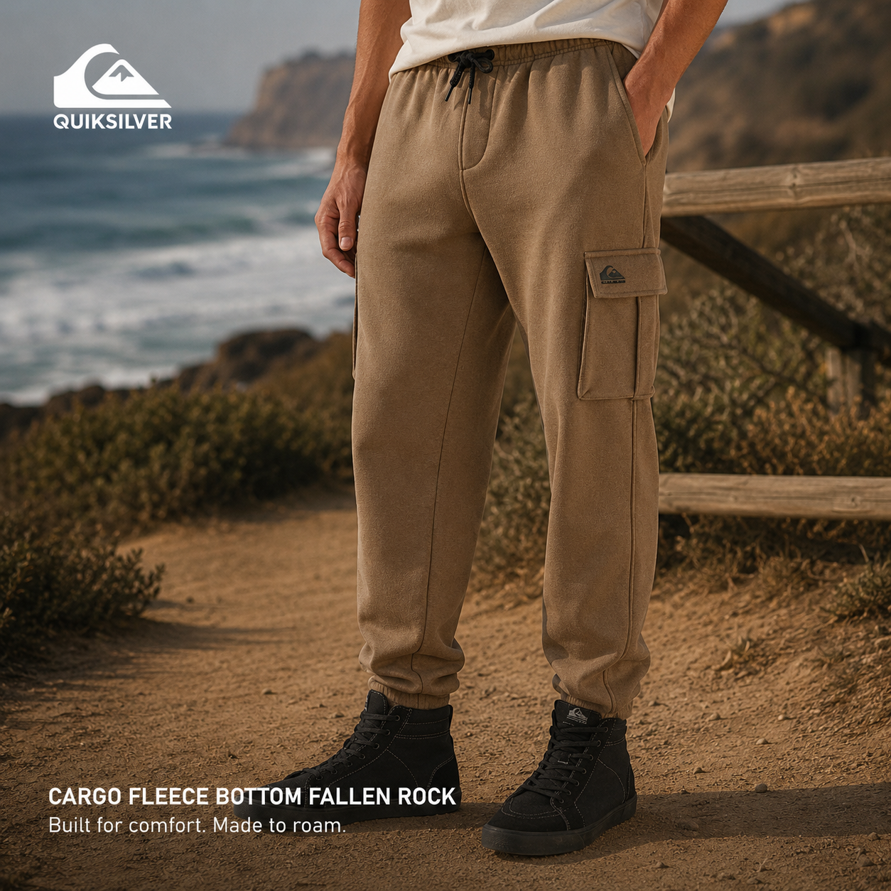 Pantalón Quiksilver Cargo Fleece Bottom Fallen Rock beige estilo surfwear premium