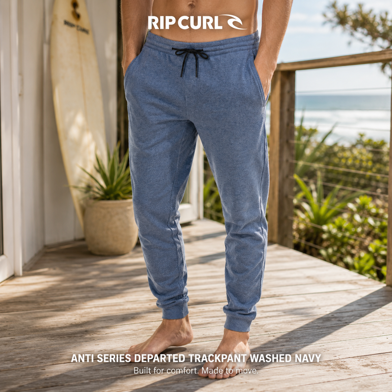 Pantalón Rip Curl Anti Series Departed Trackpant Washed Navy para hombre con tejido cómodo, cintura ajustable y estilo surf casual
