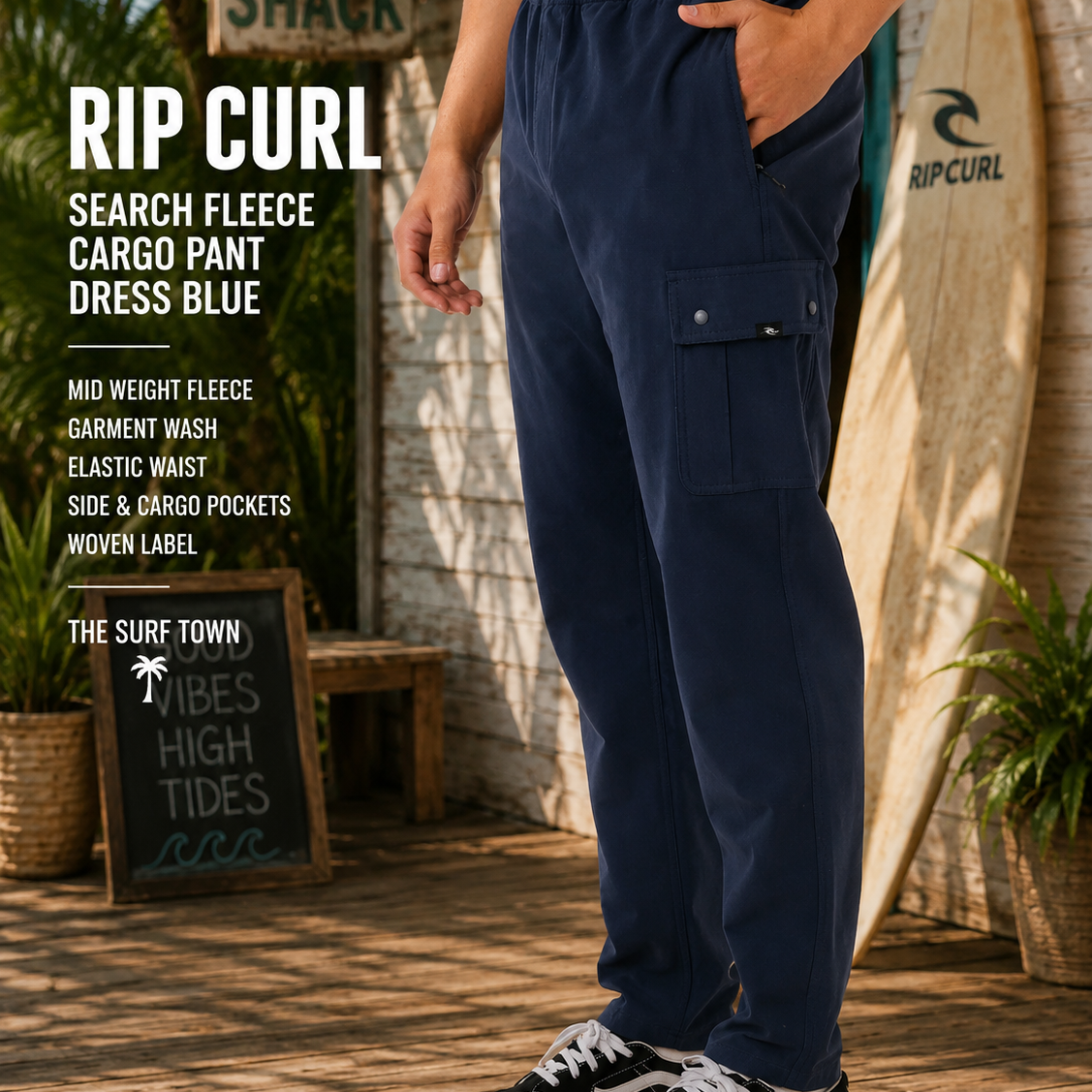 Pantalón Rip Curl Vaporcool Mick Fanning Navy en surf shack tropical premium con estética surf lifestyle masculina