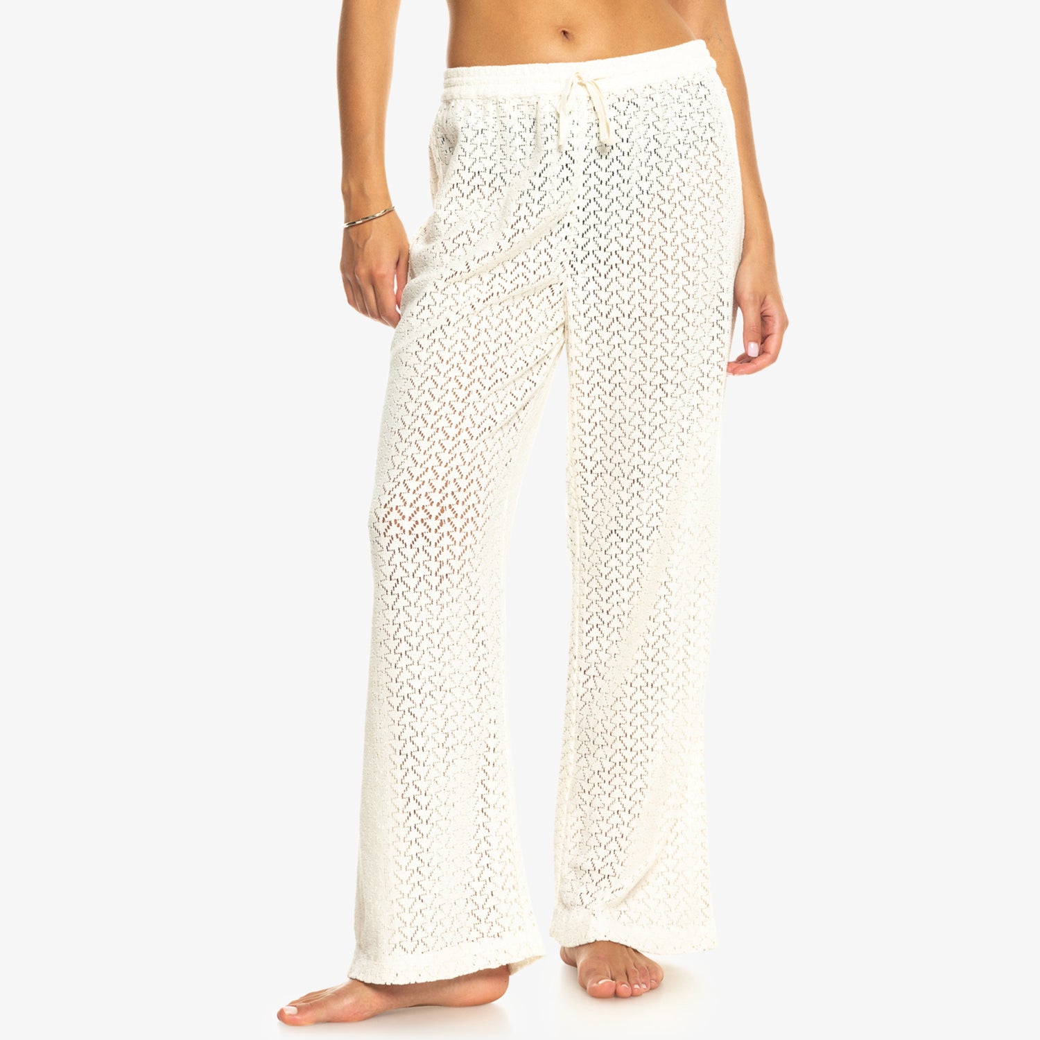 Pantalón ROXY Mood Moving Egret mujer crochet blanco hueso pata ancha estilo boho verano