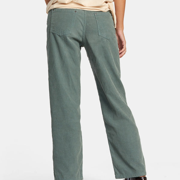 Pantalón RVCA Heritage Cord Pant Spinach para mujer de pana verde con corte wide leg