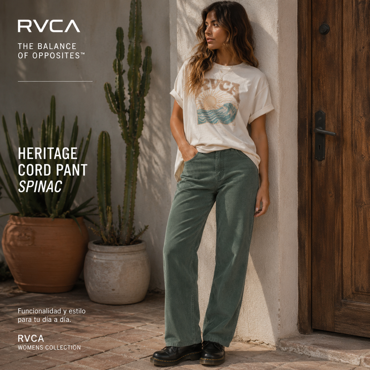 Pantalón Rvca Heritage Cord Pant Spinach verde estilo surfwear premium para mujer