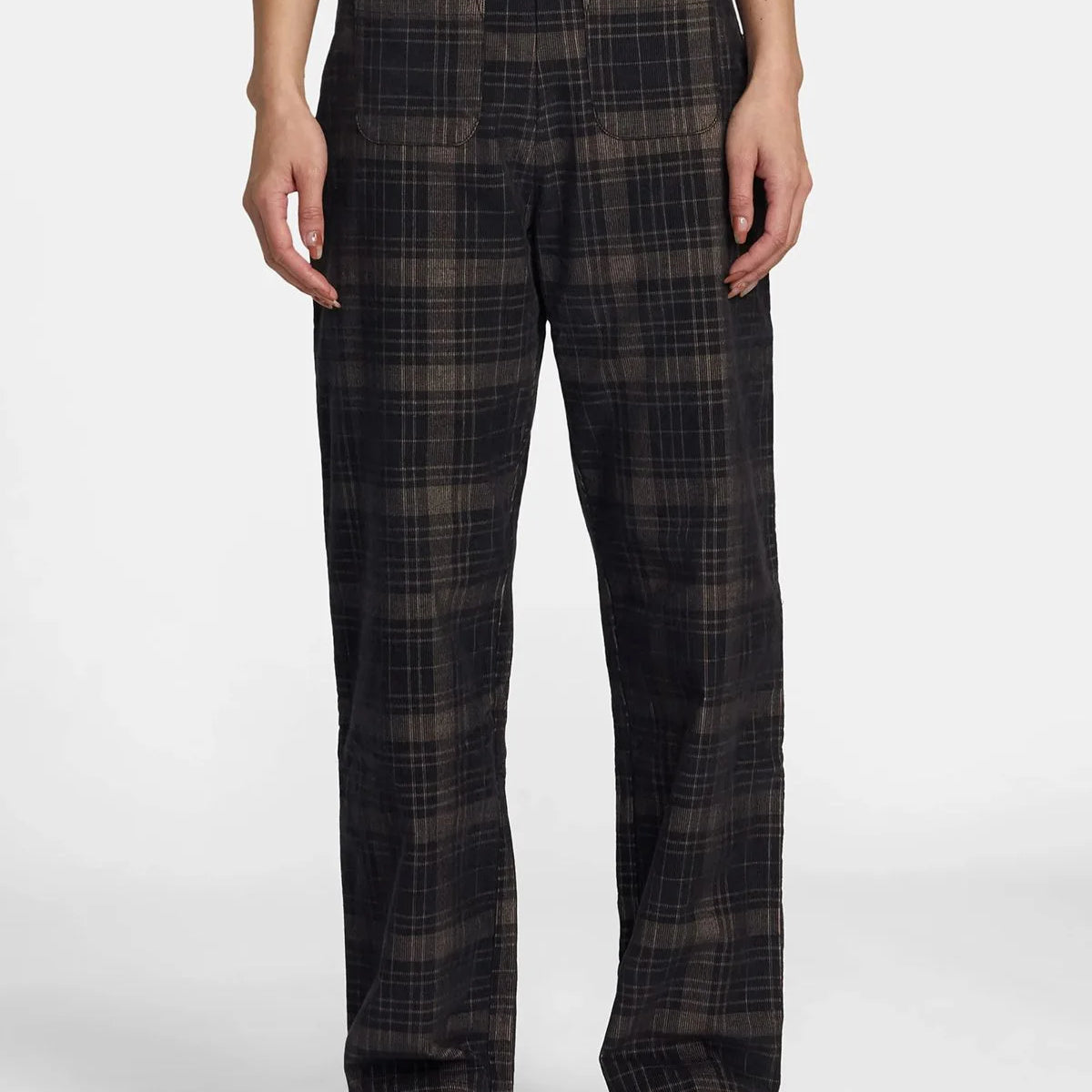 Pantalón RVCA Nova Pant Black para mujer con estampado de cuadros negro y marrón