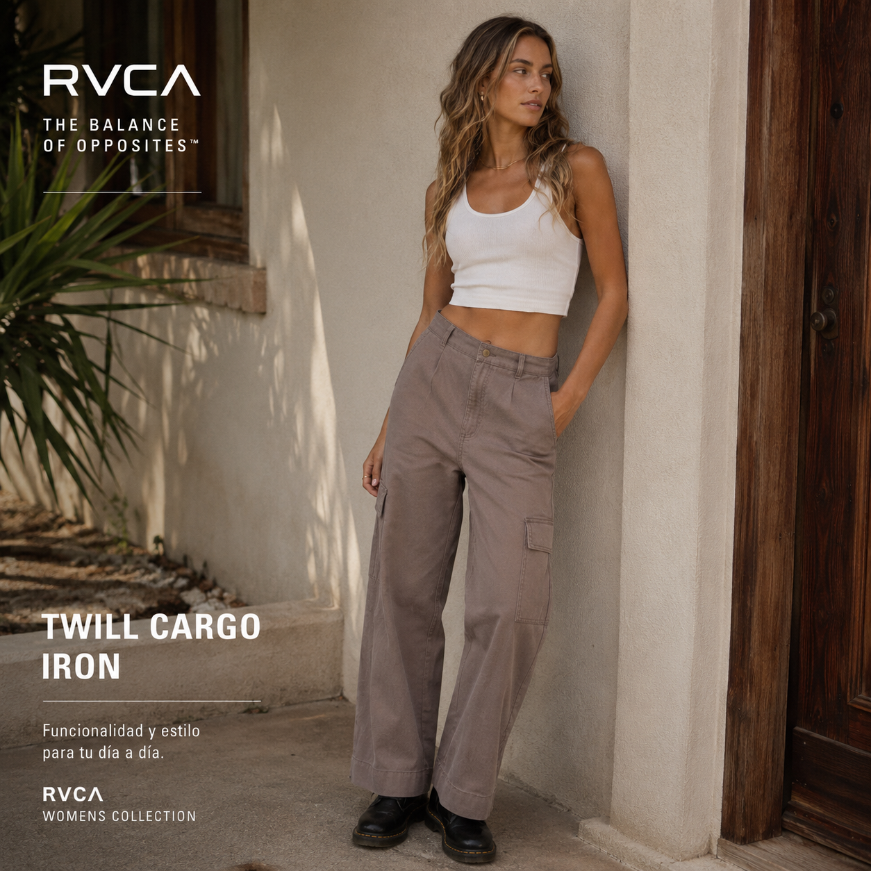 Pantalón Rvca Twill Cargo Iron marrón topo estilo surfwear premium para mujer