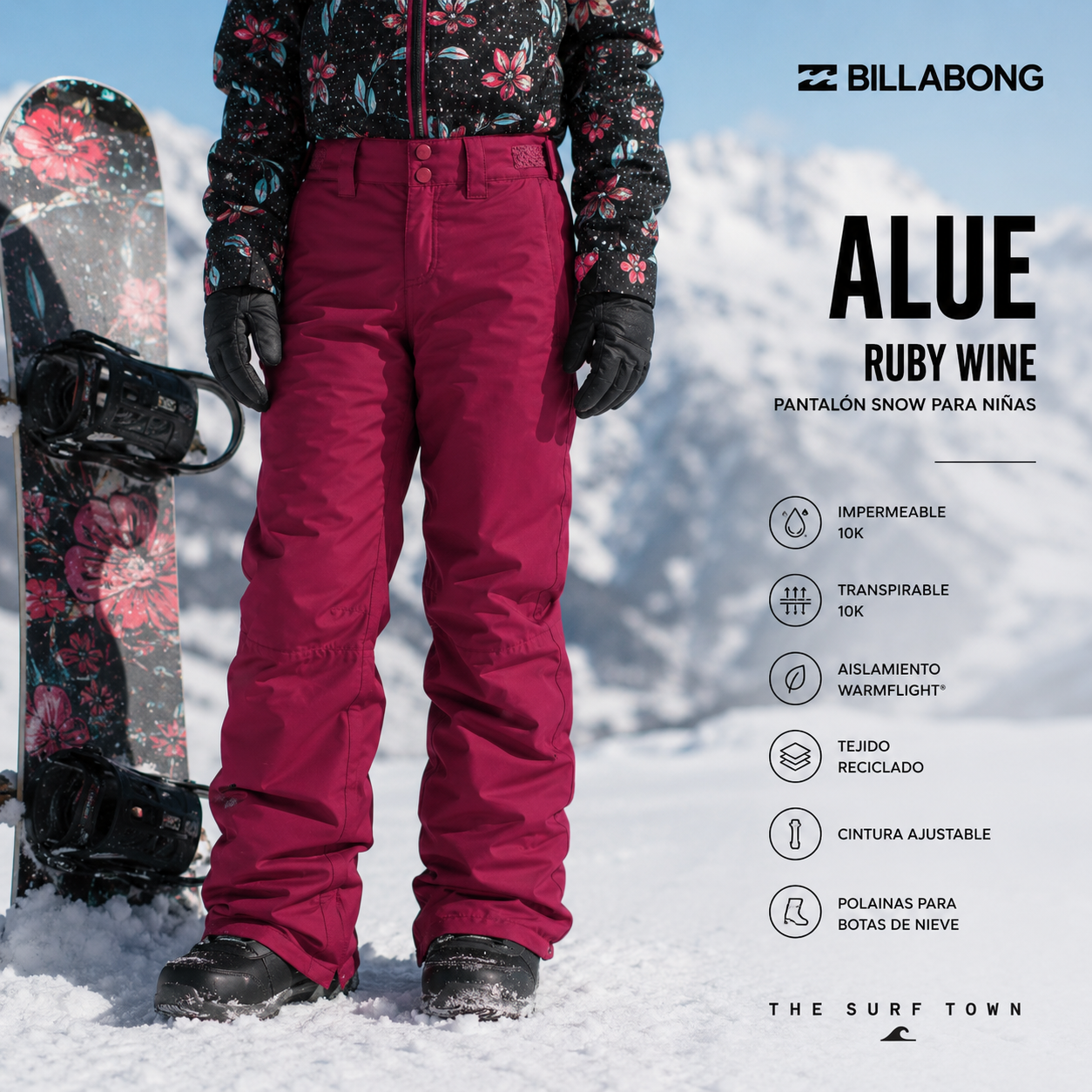 Pantalón Snow Billabong Alue Ruby Wine para niños en fotografía editorial propia de THE SURF TOWN, pantalón de snowboard infantil color burdeos con protección para nieve y montaña