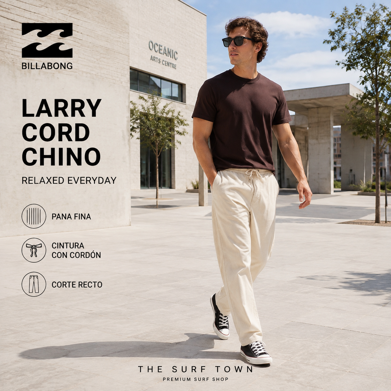 Hombre con pantalones Billabong Larry Cord Chino de pana color crudo en una plaza urbana, imagen editorial propia de THE SURF TOWN