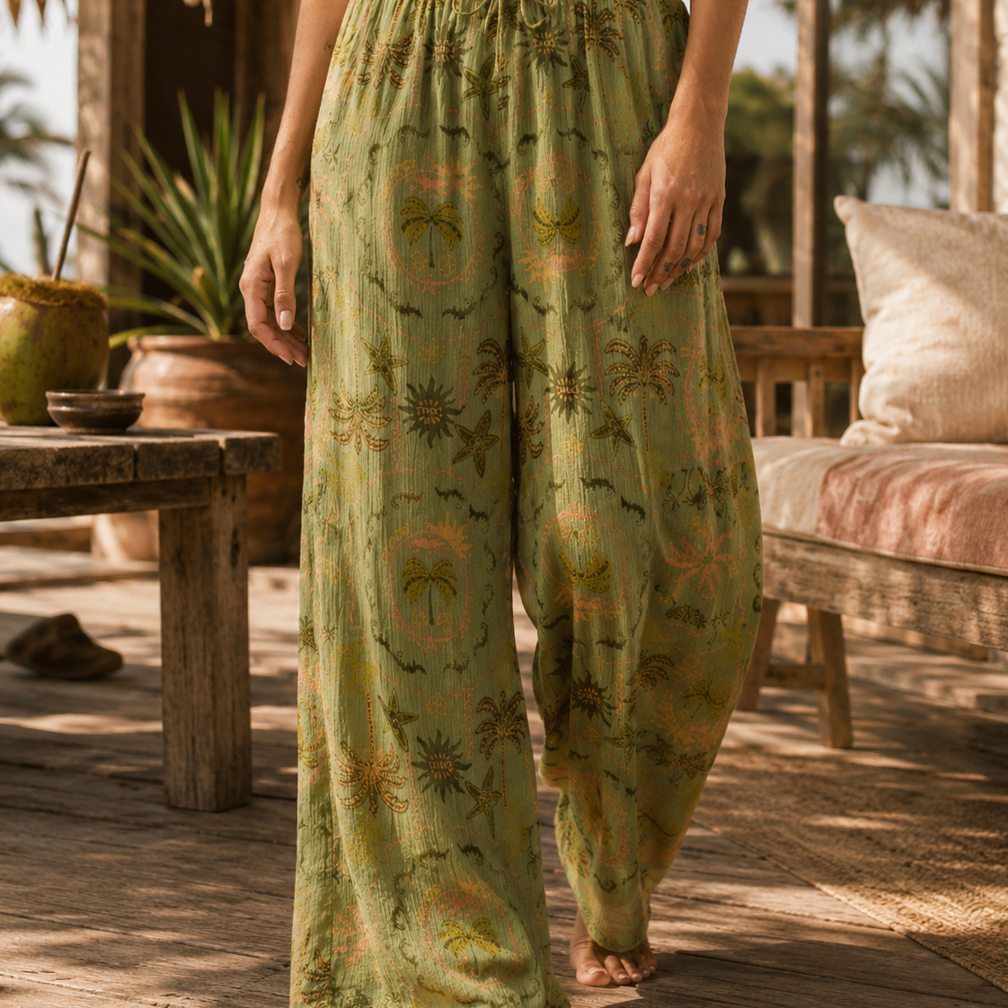 Pantalones Billabong verdes mujer estilo boho surf premium en terraza tropical lifestyle