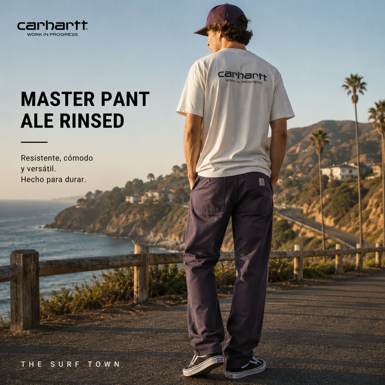 Pantalones Carhartt WIP Master Pant Ale Rinsed en fotografía editorial propia de THE SURF TOWN con experiencia roadtrip coastal premium y estilo workwear urbano