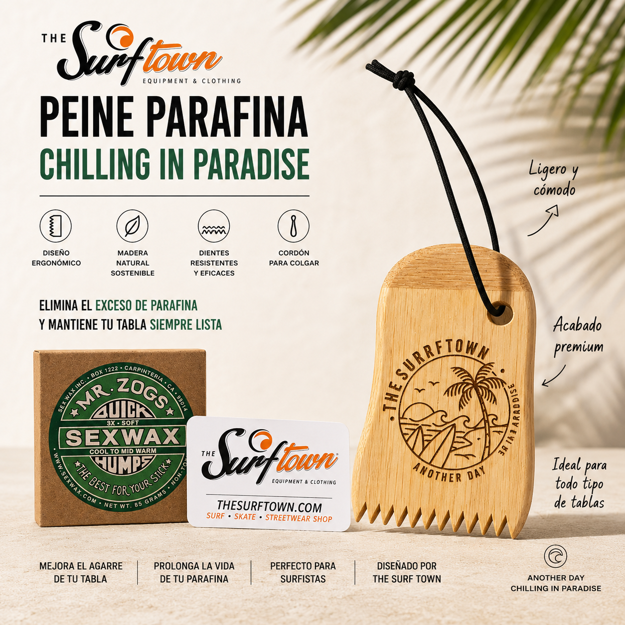 Peine para parafina THE SURF TOWN Chilling in Paradise en fotografía editorial propia de THE SURF TOWN, peine ecológico de bambú para mantenimiento y limpieza de tablas de surf