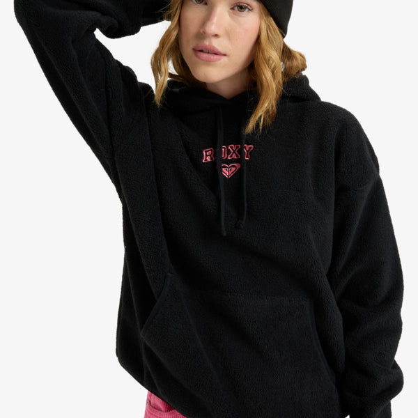 Sudadera polar ROXY Cool Calling Anthracite negra con capucha y logo frontal para mujer