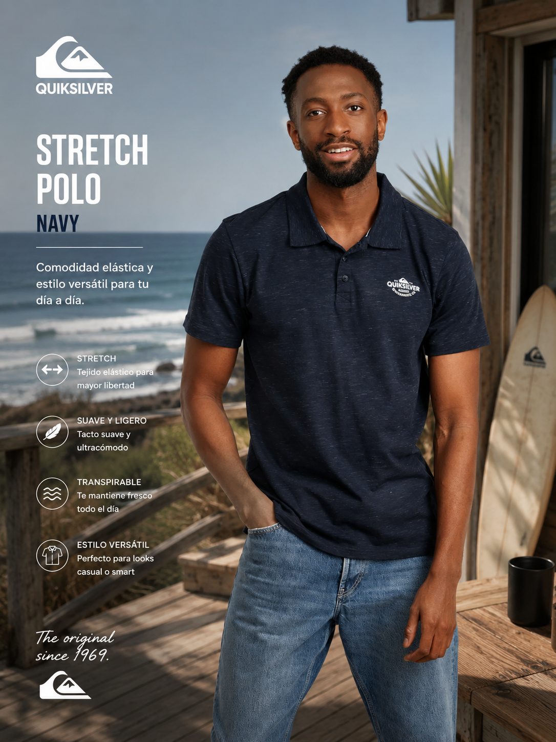 Polo Quiksilver Stretch Navy estilo surf casual premium para hombre