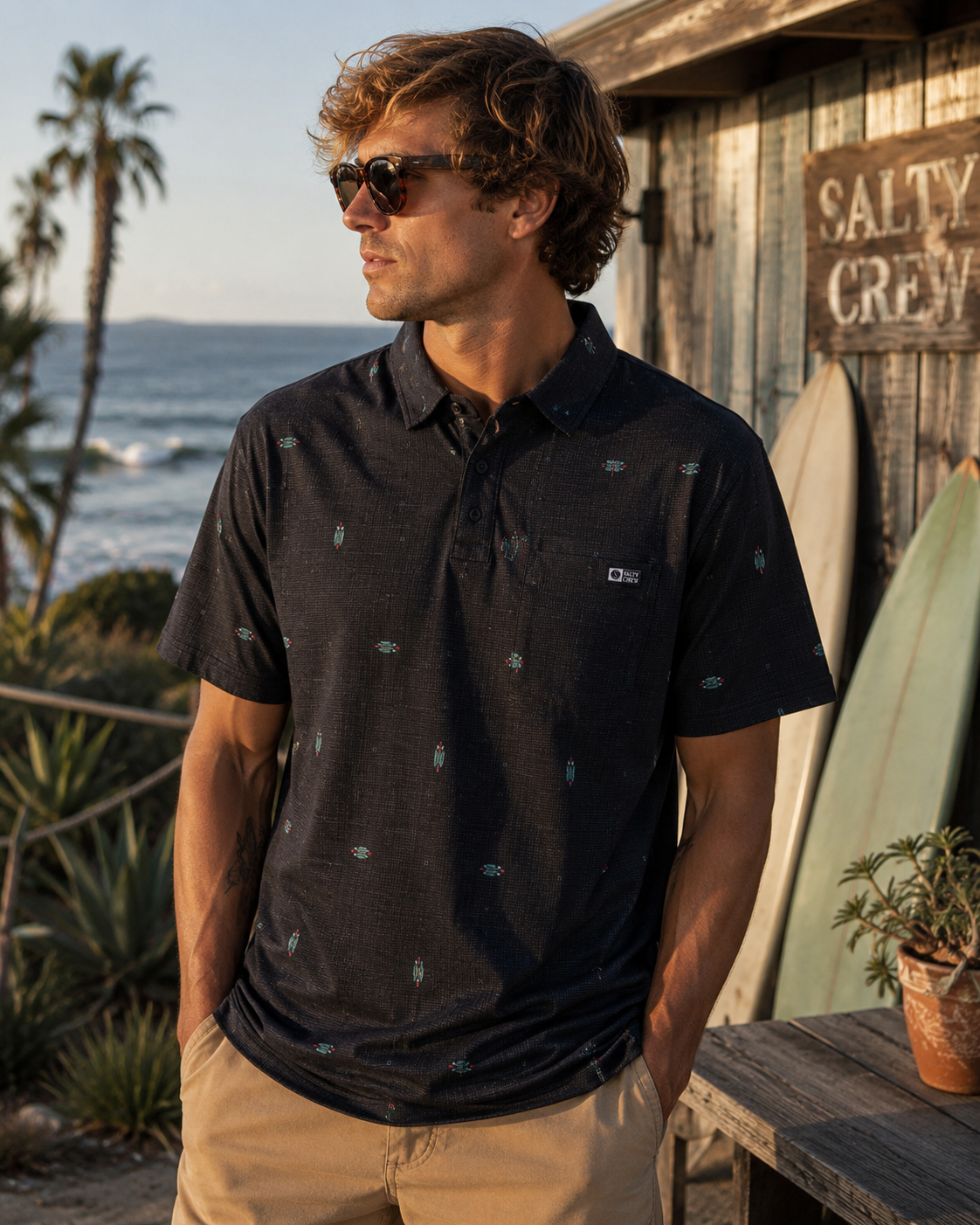 Polo técnico microperforado Salty Crew negro estilo surf lifestyle premium junto a surf shack y tablas de surf frente al mar
