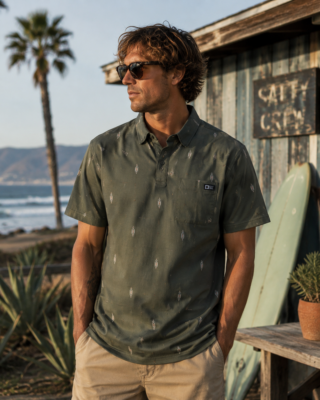 Polo técnico microperforado Salty Crew color olive en entorno surf shack premium junto al mar estilo Costa del Sol
