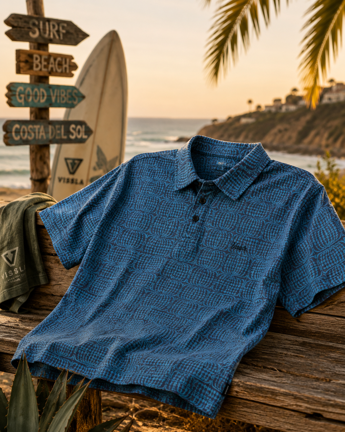 Polo Vissla Bogey Man Eco azul estampado estilo surf lifestyle junto al mar