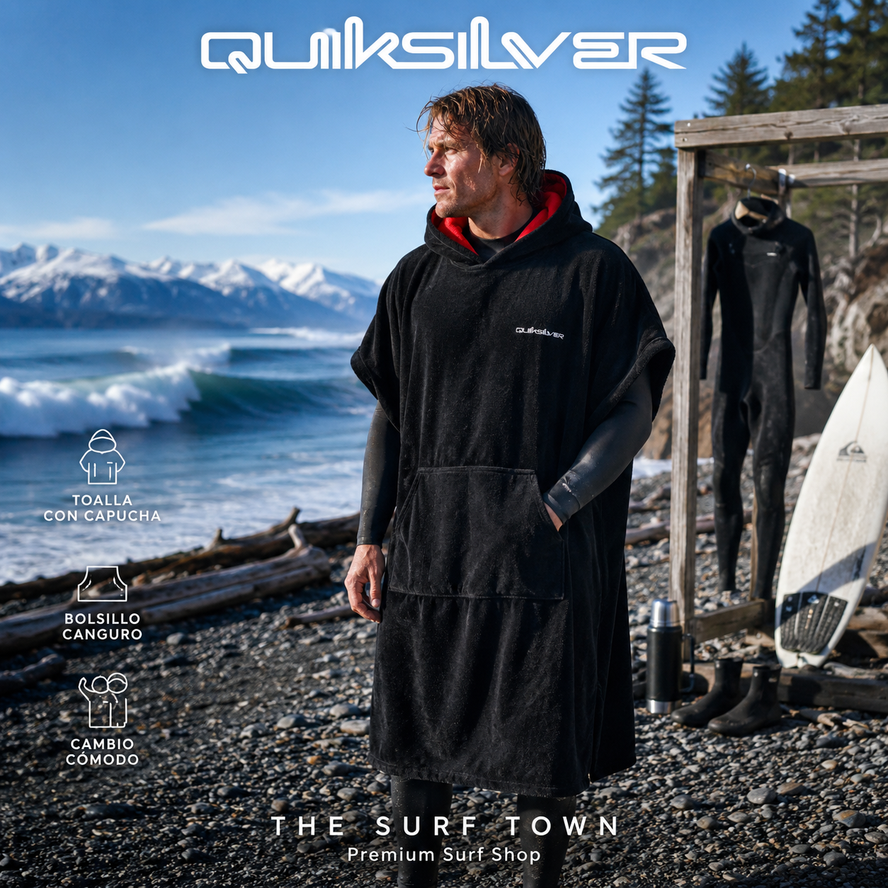 surfero vistiendo un
Poncho Quiksilver Hoody Towel Black Jet Black durante una sesion fotografica de surf propia de the surf town en el norte en la playa helada