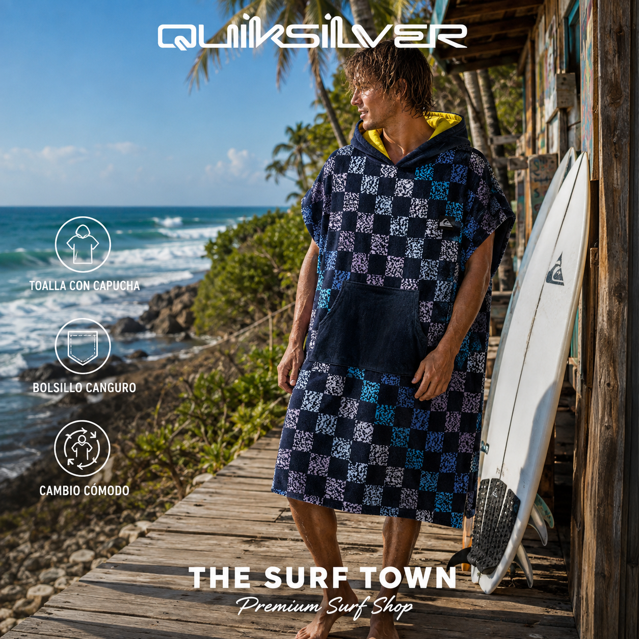 Poncho Quiksilver Hoody Towel Dark Navy Next Gen con surfista en imagen editorial propia de THE SURF TOWN