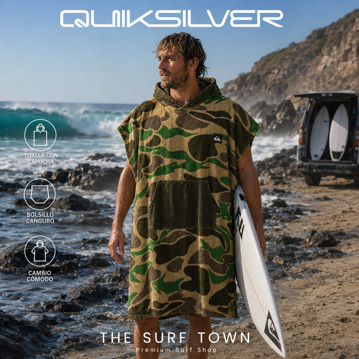 Poncho Quiksilver Hoody Towel Kelp Garage Camo con surfista en imagen editorial propia de THE SURF TOWN