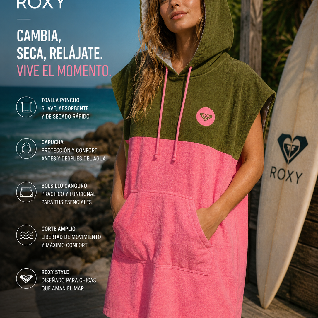 Poncho Roxy Always In My Head Plumeria para mujer en escena beach lifestyle premium junto al mar