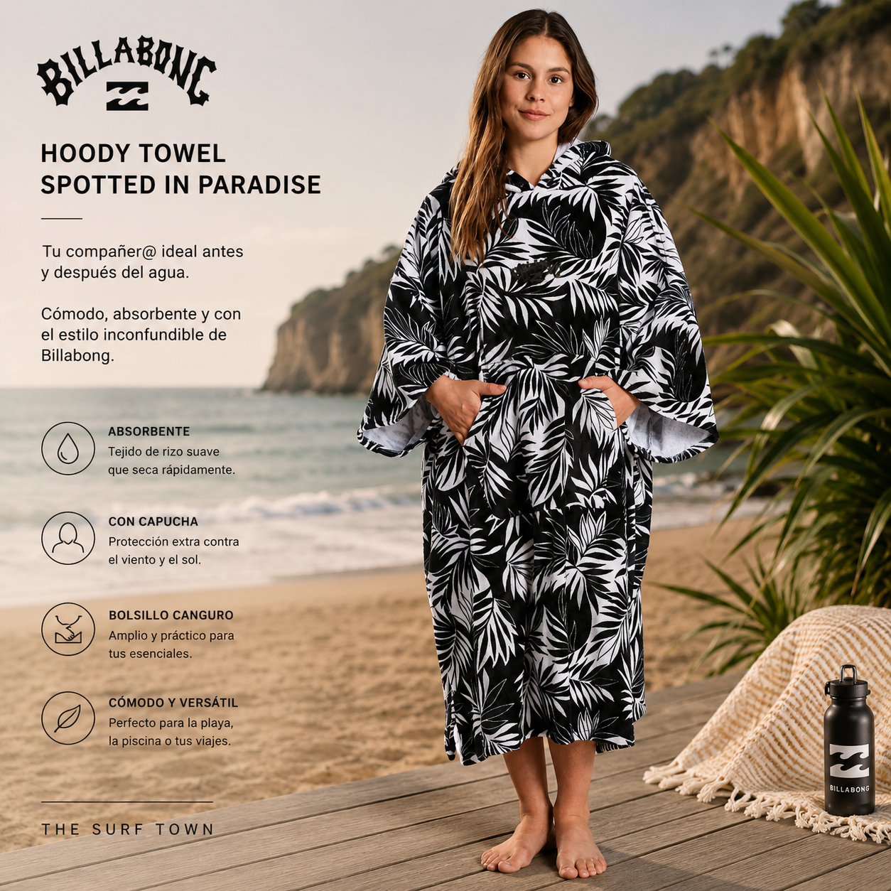 Poncho toalla Billabong Hoody Towel Spotted In Paradise en fotografía editorial propia de THE SURF TOWN con estilo beach lifestyle premium para playa y surf