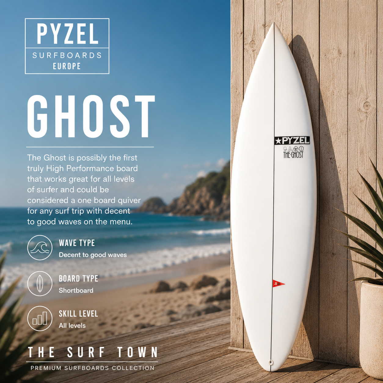 Tabla de surf Pyzel Ghost en fotografía editorial propia de THE SURF TOWN con ambiente surf premium, mar azul, luz solar diurna y fondo costero lifestyle para destacar uno de los modelos de alto rendimiento más versátiles de Pyzel Surfboards.