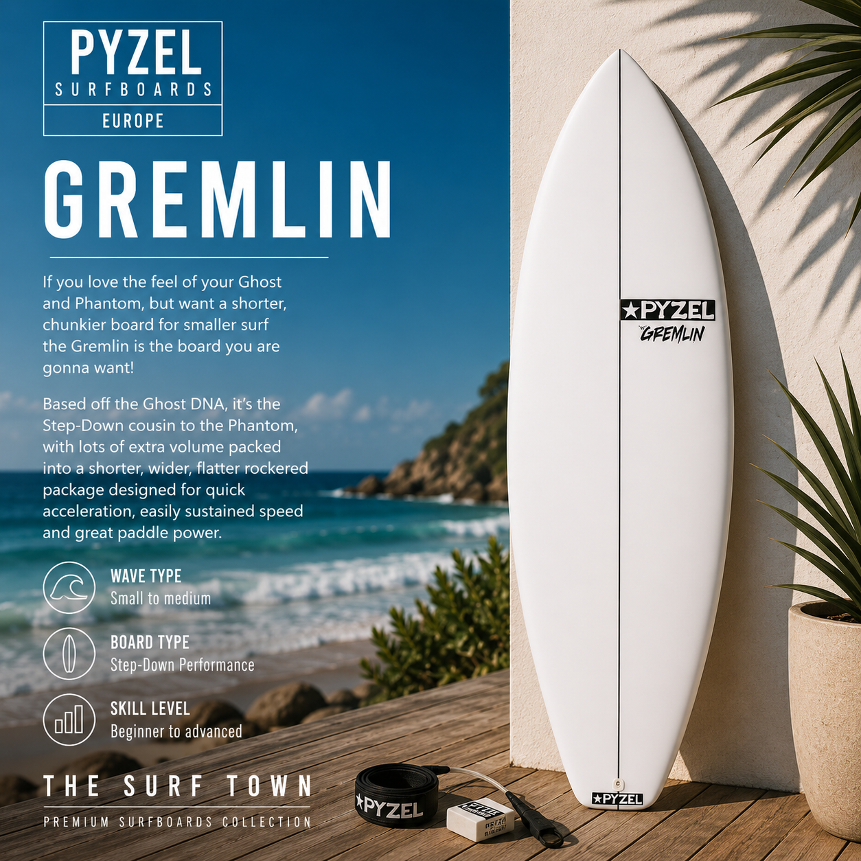 Tabla de surf Pyzel Gremlin en fotografía editorial propia de THE SURF TOWN con ambiente surf premium, playa de aguas cristalinas, luz solar diurna y fondo lifestyle costero para destacar este modelo de alto volumen y gran velocidad para olas pequeñas y medianas.