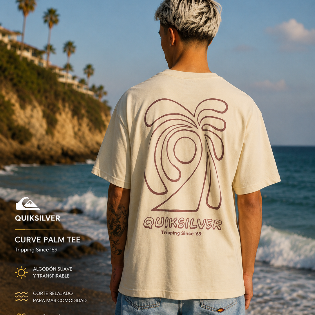Camiseta Quiksilver Curve Palm Bone White hombre estilo surf premium editorial junto al océano