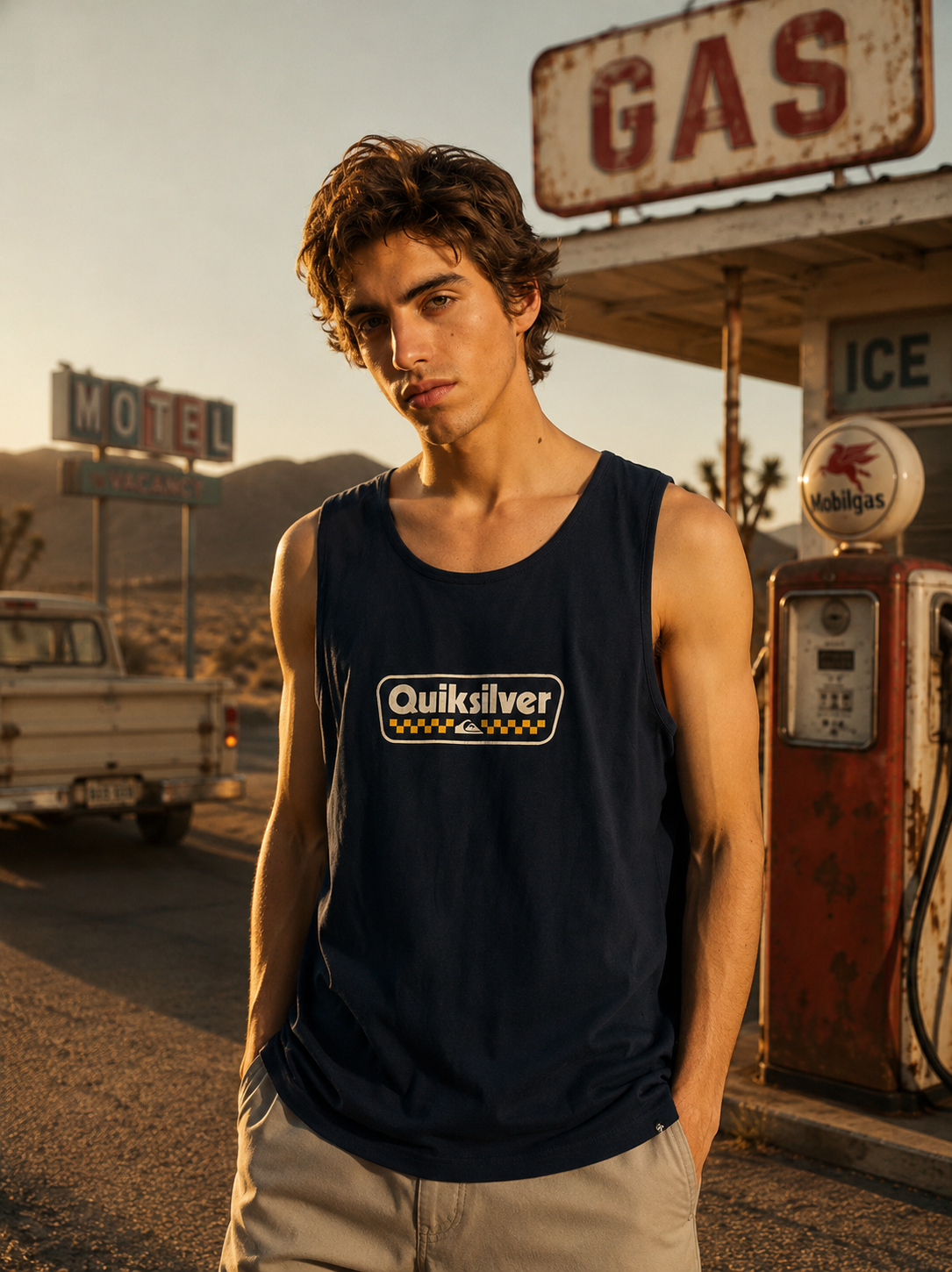 Camiseta sin mangas Quiksilver EV Starting Grid Dark Navy hombre estilo surf cinema aesthetic en gasolinera retro del desierto