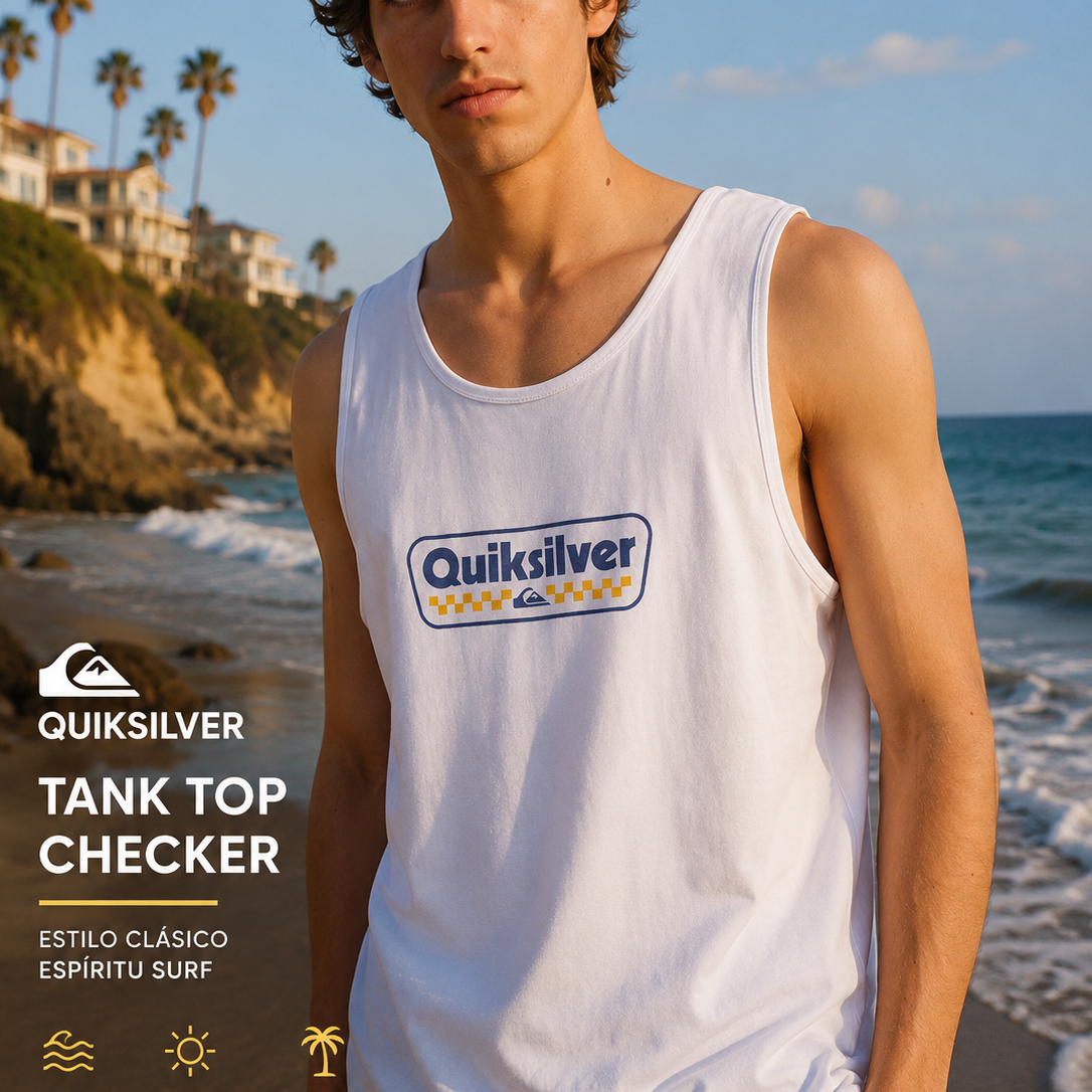 Camiseta de tirantes Quiksilver EV Starting Grid blanca hombre estilo surf premium junto al mar al atardecer