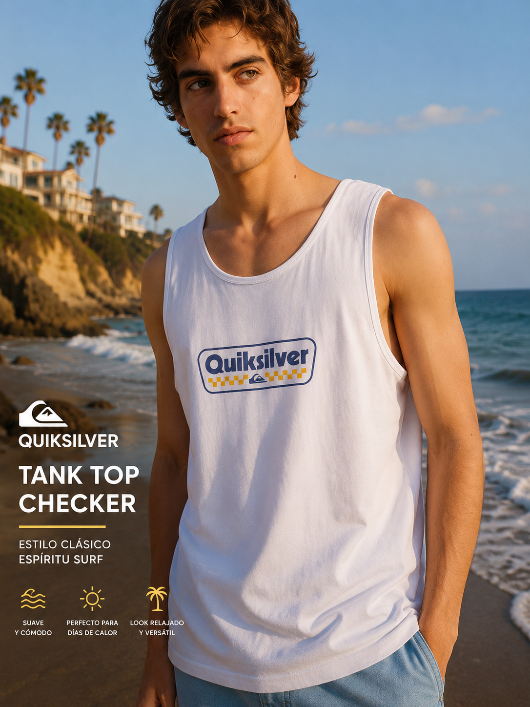 Camiseta de tirantes Quiksilver EV Starting Grid blanca hombre estilo surf premium junto al mar al atardecer