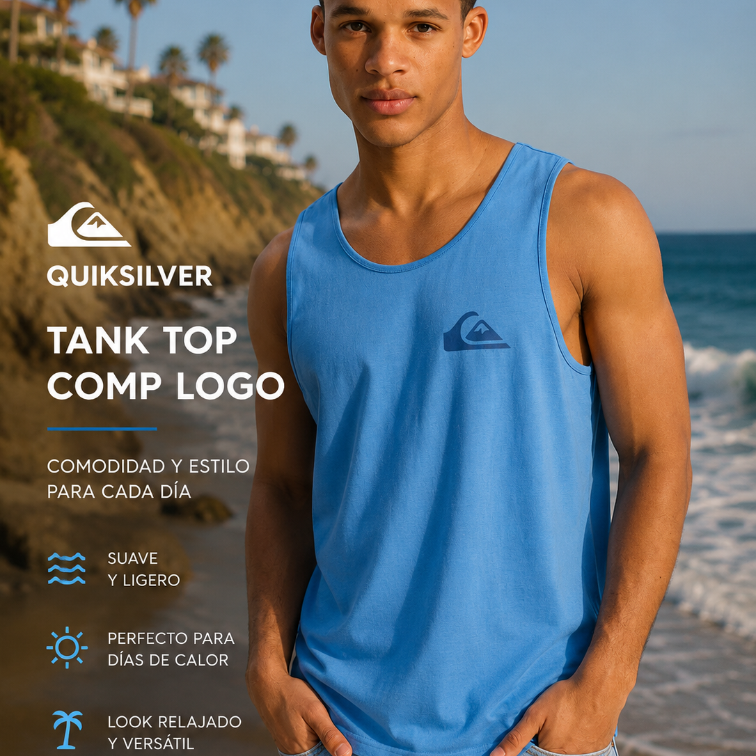 Camiseta de tirantes Quiksilver Comp Logo azul hombre estilo surf premium junto al mar