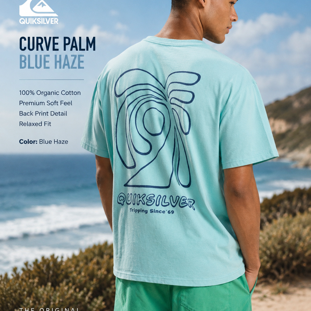 Camiseta Quiksilver Curve Palm Blue Haze estilo surf lifestyle premium para hombre