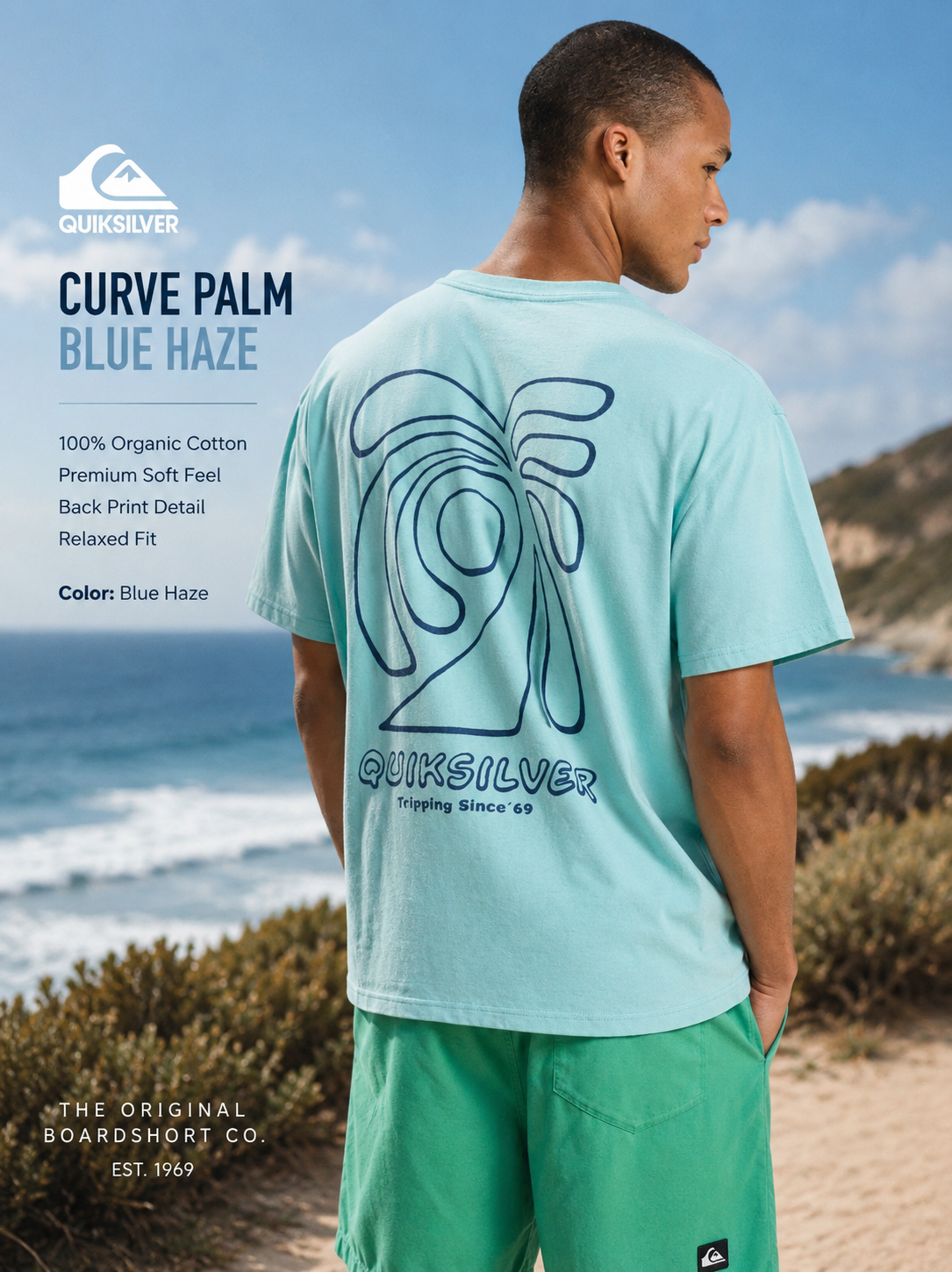 Camiseta Quiksilver Curve Palm Blue Haze estilo surf lifestyle premium para hombre
