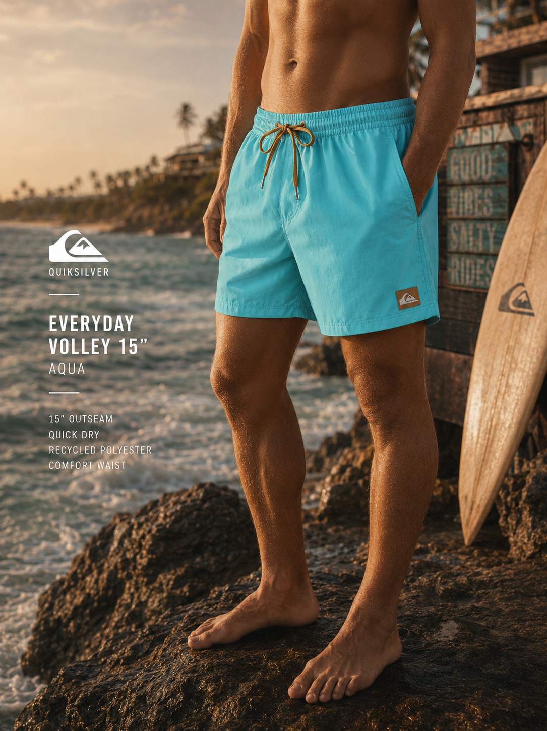 Bañador Quiksilver Everyday Solid Volley 15 Aqua para hombre en escenario surf premium con rocas, mar y luz dorada cinematográfica