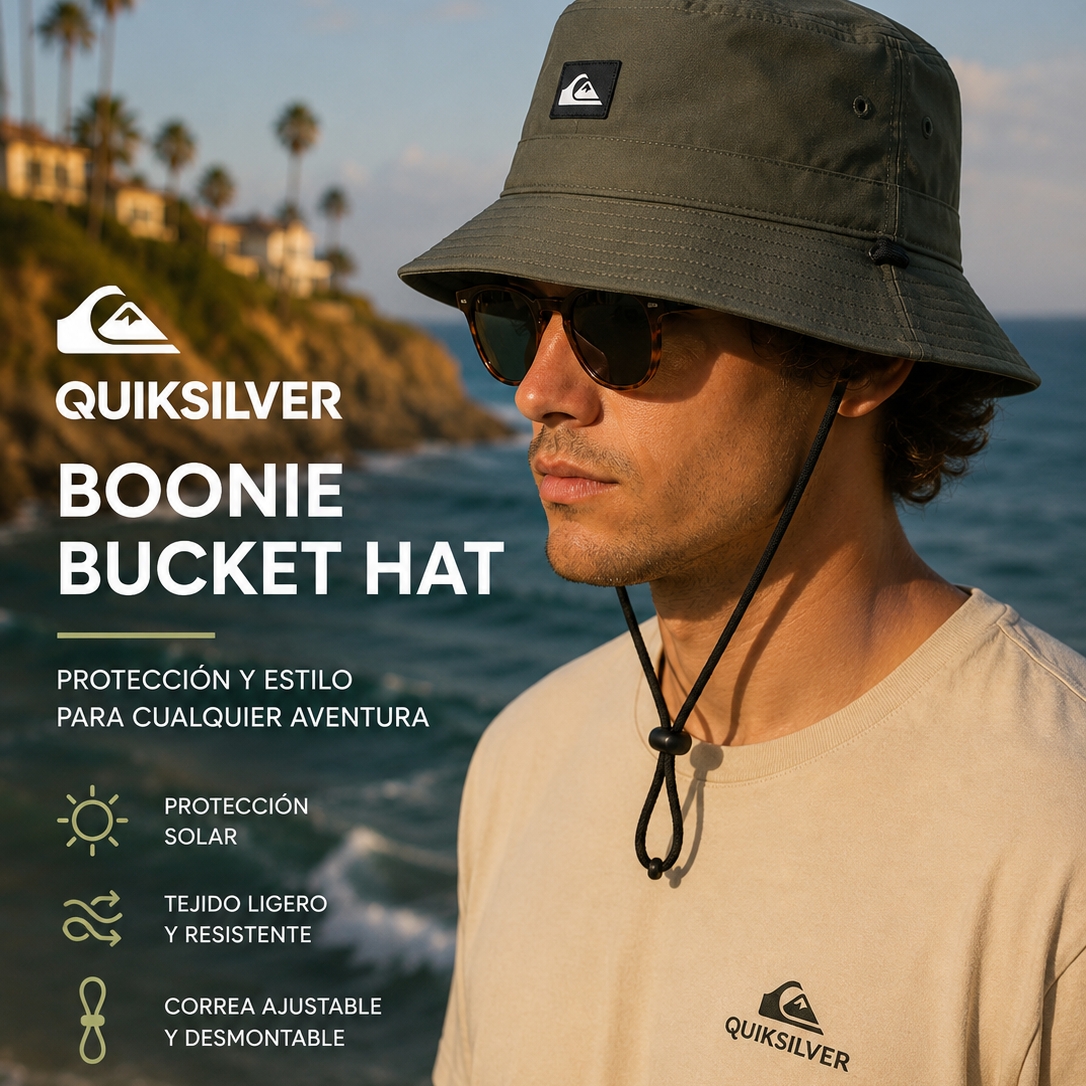 Gorro bucket Quiksilver Amphibian Grape Leaf verde hombre estilo surf premium junto al océano