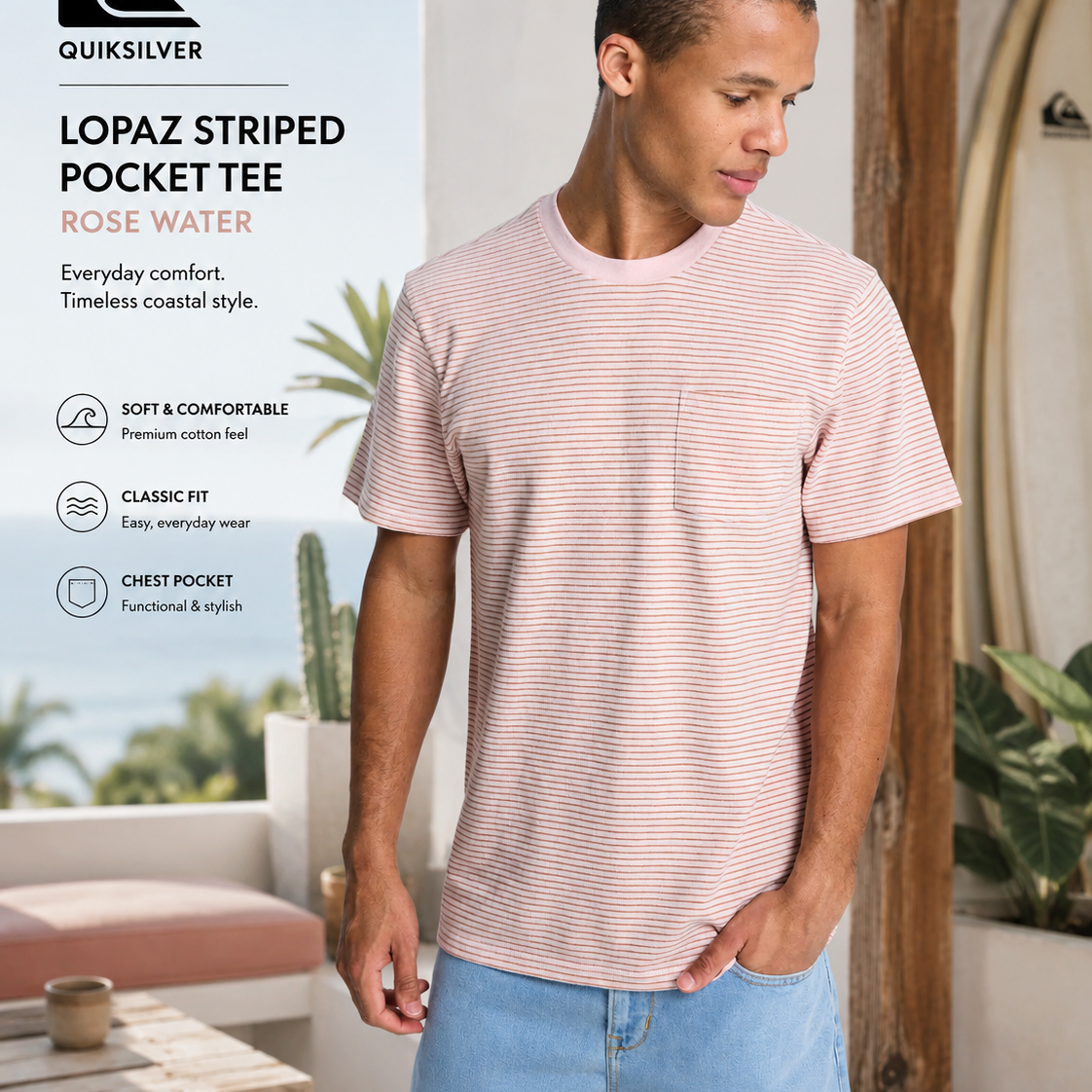Quiksilver Lopaz Striped Pocket Rose Water en escena coastal premium con luz natural brillante y estilo surf relajado