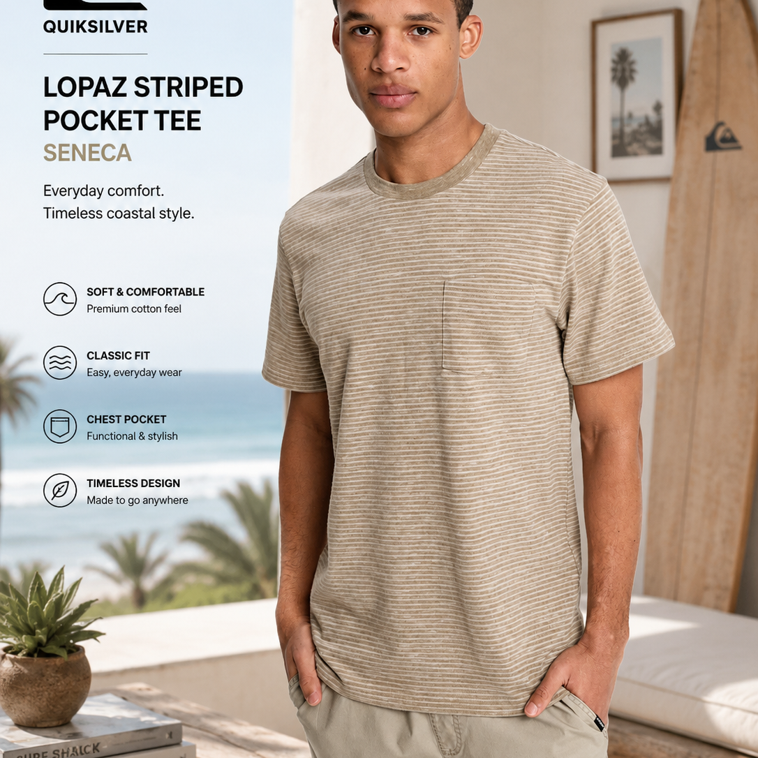 Quiksilver Lopaz Striped Pocket Seneca en escena coastal premium con luz natural brillante y estilo surf relajado