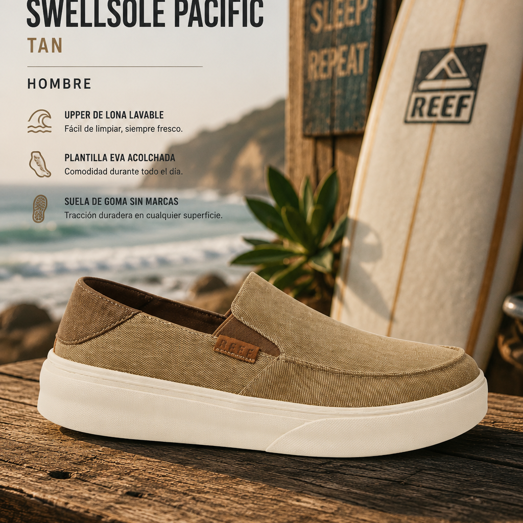 Zapatillas Reef Swellsole Pacific Tan hombre en escenario surf lifestyle premium frente al mar con estética coastal editorial