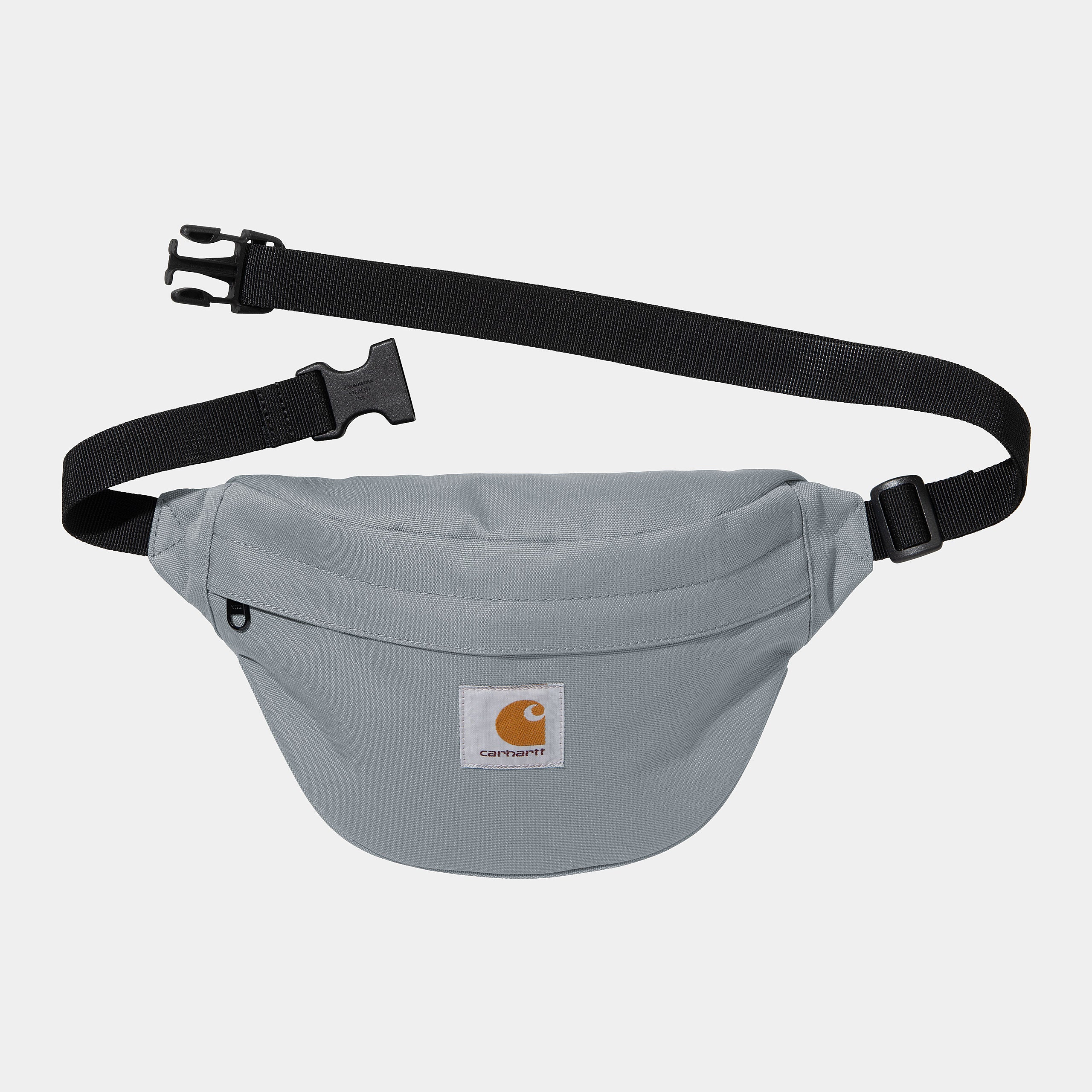 Riñonera Carhartt WIP Jake Hip Bag Dove Grey gris claro con correa ajustable y parche Carhartt WIP frontal