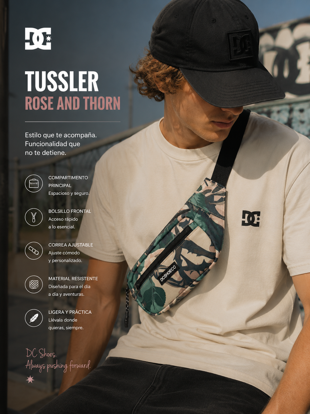 Riñonera DC Tussler Rose And Thorn estilo streetwear premium para hombre
