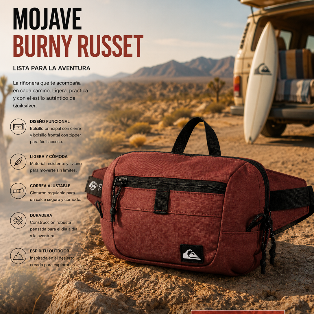 Riñonera Quiksilver Mojave Burny Russet roja granate en escena editorial desierto California outdoor adventure