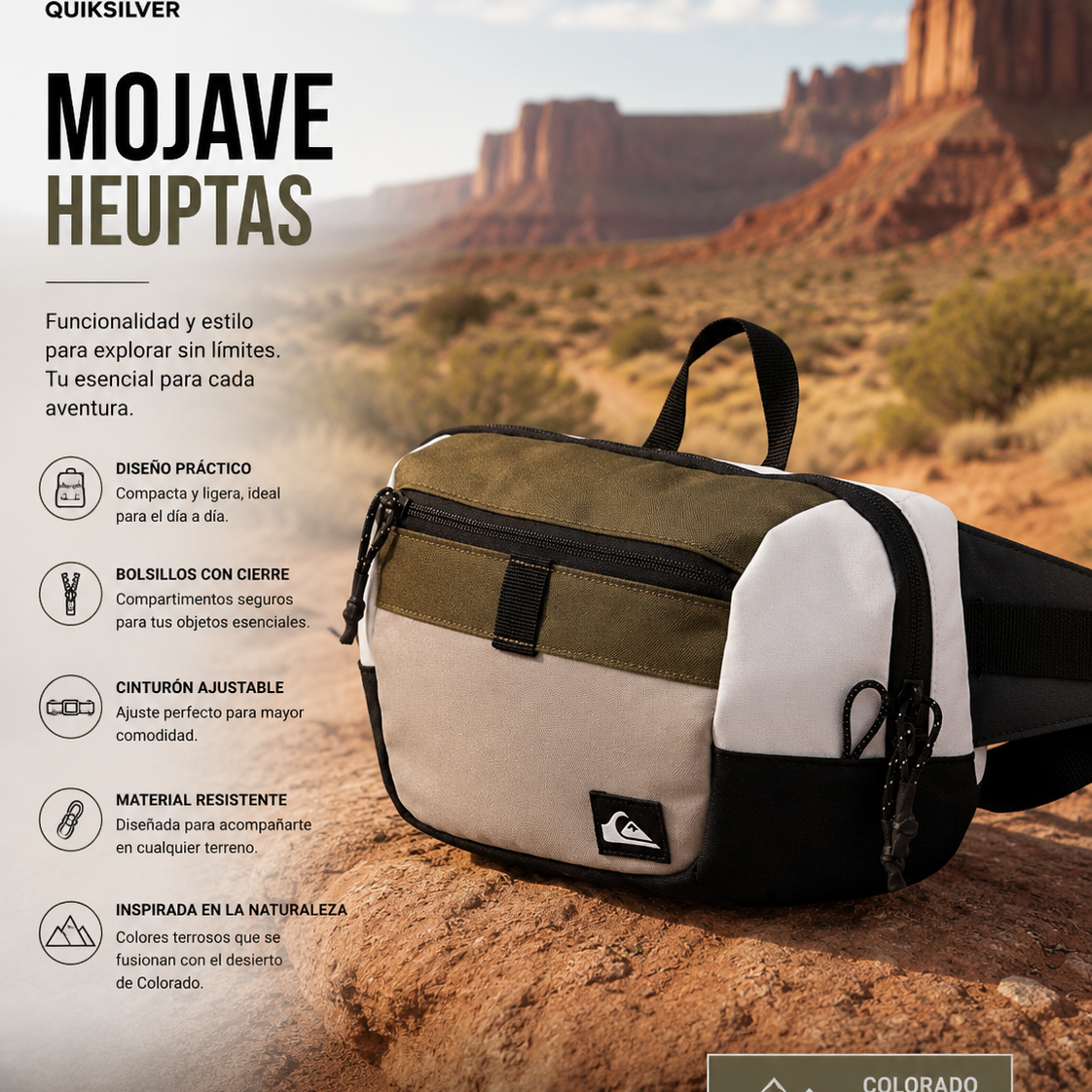 Riñonera Quiksilver Mojave Heuptas en tonos beige y verde oliva en escena editorial desierto Colorado outdoor lifestyle