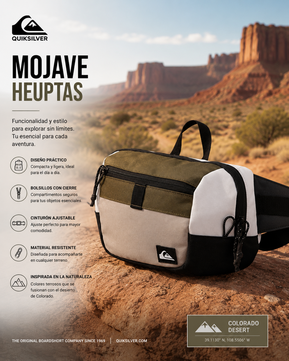 Riñonera Quiksilver Mojave Heuptas en tonos beige y verde oliva en escena editorial desierto Colorado outdoor lifestyle