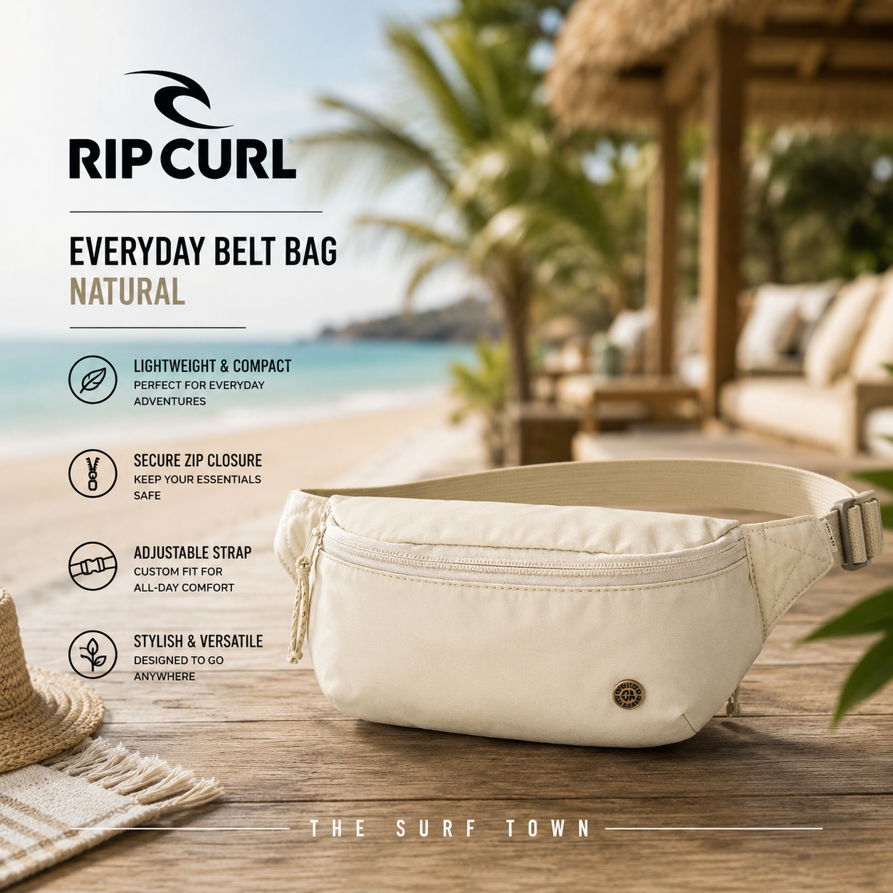 Riñonera Rip Curl Everyday Belt Bag Natural en fotografía editorial propia de THE SURF TOWN en beach club tropical premium con diseño ligero, cierre de cremallera y estilo surf casual para viajes, playa y uso diario.