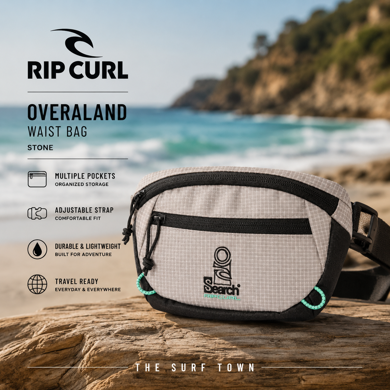 Riñonera Rip Curl Overland Waist Bag Stone en fotografía editorial propia de THE SURF TOWN junto al mar con múltiples compartimentos, diseño ligero y estilo surf outdoor para viajes y uso diario.